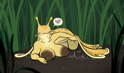 anthro areola big_breasts big_nipples breasts dirt eyeless female freckles grass heart_symbol inviting inviting_under_covers inviting_viewer lying lying_on_ground markings micro mole_(marking) nipples on_front on_ground plant puffy_areola puffy_nipples slightly_chubby slightly_chubby_female slime solo speech_bubble saucywench banana_slug gastropod mollusk slug hi_res