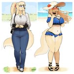 anthro beach bikini black_nose blonde_hair blue_bikini blue_clothing blue_eyes blue_swimwear blush bodily_fluids bottomwear breasts choker clothing denim denim_bottomwear denim_clothing eyebrows eyelashes eyewear female flying_sweatdrops footwear fur glasses hair hat headgear headwear jeans jewelry navel necklace outside pants round_glasses sandals shoes solo sun_hat sweat sweatdrop swimwear two-piece_swimsuit wide_hips yellow_body yellow_fur 00niine liz_(00niine) canid canine canis domestic_dog mammal 1:1 2025 hi_res