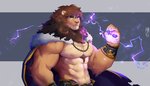 abs anthro bottomwear clothing fur hair male muscular muscular_anthro muscular_male nipples pecs simple_background solo ixkouu felid lion mammal pantherine 2020 digital_media_(artwork) hi_res