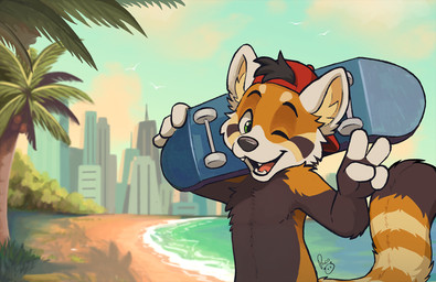 anthro arm_tuft beach black_nose blue_sky brown_body brown_fur cheek_tuft chest_tuft cloud elbow_tuft facial_tuft front_view fur gesture glistening glistening_eyes green_eyes hand_gesture holding_skateboard logo looking_at_viewer male male_anthro markings one_eye_closed open_mouth open_smile orange_body orange_fur outside palm_tree plant red_cap sky smile solo striped_markings striped_tail stripes tail tail_markings tree tuft v_sign water white_body white_fur young young_anthro young_male pandapaco ailurid mammal red_panda artist_logo half-length_portrait hi_res portrait signature