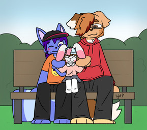 age_difference anthro bench black_bottomwear black_clothing black_eyewear black_glasses black_hat black_headwear black_pants blue_body blue_clothing blue_ears blue_eyes blue_fur blue_hat blue_headwear blue_shirt blue_t-shirt blue_tail blue_topwear blush blush_lines bottomwear brown_body brown_clothing brown_ears brown_eyes brown_fur brown_hair brown_shirt brown_tail brown_topwear clothed clothing day eyes_closed eyewear female front_view fur glasses grass grey_bottomwear grey_clothing grey_skirt group hair hair_over_eye hand_holding happy hat headgear headwear hoodie long_ears looking_at_another male mismatched_ears multicolored_body multicolored_clothing multicolored_ears multicolored_fur multicolored_hair multicolored_shirt multicolored_t-shirt multicolored_topwear on_lap one_eye_closed one_eye_half-closed orange_clothing orange_shirt orange_t-shirt orange_topwear outside pants park park_bench pink_clothing pink_ears pink_hat pink_headwear pink_nose pink_ribbon plant purple_hair red_clothing red_hoodie red_topwear ribbons shirt shrub sitting sitting_on_lap size_difference skirt smile t-shirt tail topwear trio two_tone_ears two_tone_hair two_tone_hat two_tone_tail white_body white_ears white_fur white_tail yellow_clothing yellow_shirt yellow_t-shirt yellow_topwear young young_anthro young_female lightningb0lt01 chimi_(parmiheart) isabelle_(izzyybelles) woofy_the_dog_(woofywoo030) canid canine canis domestic_cat domestic_dog felid feline felis hybrid lagomorph leporid mammal rabbit 2025 absurd_res digital_media_(artwork) hi_res signature