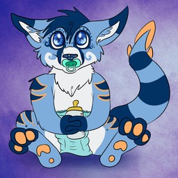 ageplay anthro blue_body blue_eyes bottle clean_diaper clothed clothing container diaper diaper_only fur infantilism male object_in_mouth pacifier pacifier_in_mouth pawpads paws roleplay solo tail toddler topless wearing_diaper young young_anthro youmeatsix kangaroo macropod mammal marsupial 1:1