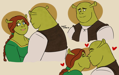 bald black_eyebrows blue_eyes braided_hair breasts brown_clothing brown_eyes brown_topwear brown_vest canon_couple cleavage closed_smile clothed clothed_female clothed_humanoid clothed_male clothing dress duo ear_stalk eyebrows eyes_closed female green_body green_clothing green_dress green_hair_tie green_skin hair heart_symbol kiss_on_lips kissing larger_humanoid larger_male lips long_hair love male male/female mouth_closed not_furry open_clothing open_topwear open_vest pink_lips princess red_hair romantic romantic_couple royalty shirt simple_background size_difference smaller_female smaller_humanoid smile smiling_at_another smiling_at_each_other tan_background text topwear vest white_clothing white_shirt white_topwear sweetcherry2319 dreamworks shrek_(series) princess_fiona shrek_(character) humanoid ogre 2025 artist_name digital_drawing_(artwork) digital_media_(artwork) flat_colors multiple_scenes portuguese_description
