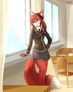 5_fingers anthro biped black_clothing black_jacket black_topwear bottomwear breasts chair choker classroom clothed clothing curtains dipstick_tail female fingers fluffy fluffy_tail fur furniture hair hand_on_hip inside jacket jewelry markings multicolored_tail necklace necktie ponytail purple_eyes red_body red_fur red_hair red_necktie school school_uniform skirt solo standing table tail tail_markings topwear uniform white_body white_fur window eipril canid canine fox mammal 2016 hi_res