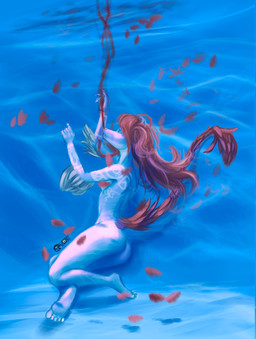 anthro blood bodily_fluids fainting feathers female green_eyes hair nosebleed nude red_hair sinking solo swimming_pool tasteful_nudity tattoo underwater water drqube cavemanon_studios volcaldera_ashfall ashley_(volcaldera_ashfall) dinosaur feathered_dinosaur feathered_scalie prehistoric_species reptile scalie hi_res