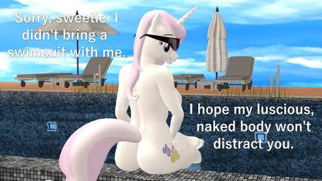 anthro biped breasts butt casual_nudity detailed_background dialogue eyelashes eyewear eyewear_only feet female fleur-de-lis hair horn nude nude_anthro nude_female outside partially_submerged pink_hair pupils purple_eyes smile solo sunglasses sunglasses_only swimming_pool tail text thick_thighs three-quarter_view umbrella water white_body white_sclera papadragon69 friendship_is_magic hasbro my_little_pony mythology fleur_de_lis_(mlp) equid equine mammal mythological_creature mythological_equine unicorn 16:9 3d_(artwork) digital_media_(artwork) english_text hi_res widescreen