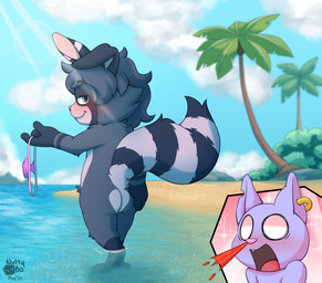 anime_nosebleed beach blood blush bodily_fluids clothing clothing_removed fur hair holding_clothing holding_object male nosebleed nude open_mouth outside piercing sand seaside swimwear tail teasing thong underwear water nutty_bo domestic_cat felid feline felis hybrid lagomorph leporid mammal procyonid rabbit raccoon hi_res