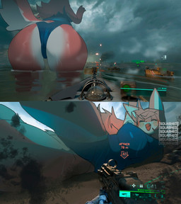 anthro blush breasts butt butt_focus clothing countershade_breasts countershade_butt countershade_face countershade_fur countershade_legs countershading crush death detailed_background female first_person_view fur gui gun hair happy hud macro macro_anthro macro_female multicolored_body multicolored_fur one-piece_swimsuit open_mouth partially_submerged ranged_weapon red_body red_fur solo swimwear tail thick_thighs two_panel_image videogame_setting weapon white_body white_fur wide_hips utterangle battlefield_(series) electronic_arts unnamed_fox_(utterangle) canid canine fox mammal red_fox true_fox colored digital_media_(artwork) draw_over hi_res shaded