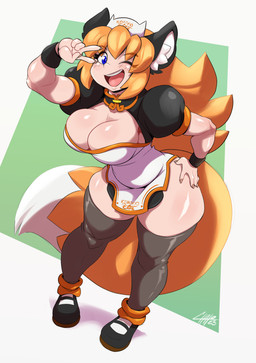 bangs big_breasts big_tail black_clothing black_footwear black_legwear black_thigh_highs blonde_hair blue_eyes blush breasts cleavage clothed clothing curvy_figure dress ears_up female footwear gesture glistening glistening_body glistening_hair glistening_skin green_background hair hand_gesture hand_on_hip hat headgear headwear legwear long_hair looking_at_viewer one_eye_closed open_mouth puffy_sleeves simple_background solo standing tail teeth thick_thighs thigh_highs v_sign white_background white_clothing white_dress wide_hips wink chalo sandy_(nekonny) animal_humanoid humanoid species_request 2023 digital_media_(artwork) hi_res