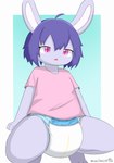 ageplay ambiguous_gender anthro clothed clothing crouching diaper fur long_ears open_mouth pink_eyes purple_body purple_fur roleplay shirt simple_background solo topwear wearing_diaper wetness_indicator young saleecatto lagomorph leporid mammal rabbit hi_res