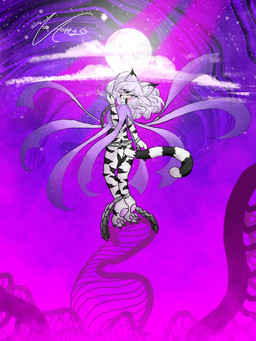 anthro black_stripes chain cloud female fur hair moon pawpads paws pink_hair purple_background purple_eyes purple_mist simple_background solo star stripes white_body white_fur maxhappy white_tiger_(maxhappy) felid mammal pantherine tiger 3:4 absurd_res hi_res