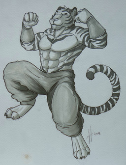 abs anthro armwear bottomwear clothed clothing facial_markings front_view fur head_markings male male_anthro markings muscular muscular_anthro muscular_male narrowed_eyes pants pecs simple_background smile solo striped_arms striped_body striped_face striped_fur striped_markings striped_tail stripes tail tail_markings topless hufnaar hufnaar_(character) felid mammal pantherine tiger 2016 dated hi_res monochrome sketch traditional_media_(artwork)