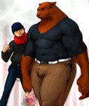 anthro barazoku bottomwear brown_body brown_fur clothed clothing duo fur humanoid_hands kemono male muscular muscular_male one_eye_closed pants scarf shirt sweater topwear wink kira_nerisu bear human mammal 2004 archived_source