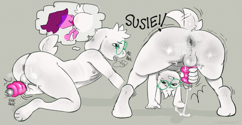 anal anthro anus backsack balls bodily_fluids breath butt darkened_anus duo ejaculation eyewear eyewear_only female female_rimming female_rimming_male femboy genitals glasses glasses_only handjob handjob_while_rimming humanoid_genitalia humanoid_penis male male/female male_rimmed masturbation moan nipples nude oral penetrable_sex_toy penile penile_masturbation penis perineum presenting presenting_hindquarters reach_around reverse_handjob rimming rimming_male sex sex_toy shaking solo_focus sweat tail tail_motion tailwag thought_bubble wearing_glasses white_body mazmaven deltarune undertale_(series) ralsei susie_(deltarune) bovid caprine goat mammal colored digital_drawing_(artwork) digital_media_(artwork) hi_res multiple_images shaded