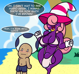 balls beach big_balls big_breasts big_penis bikini blush bodily_fluids breasts bulge clothing dialogue duo genitals gloves gynomorph hair handwear intersex lips long_hair male nervous nervous_sweat penis pink_hair purple_body speech_bubble sweat swimming_trunks swimwear text two-piece_swimsuit white_clothing white_gloves white_handwear yellow_lips mr.under mario_bros nintendo paper_mario vivian_(mario) humanoid shadow_siren toad_(mario) english_text hi_res trans_(lore) trans_woman_(lore)