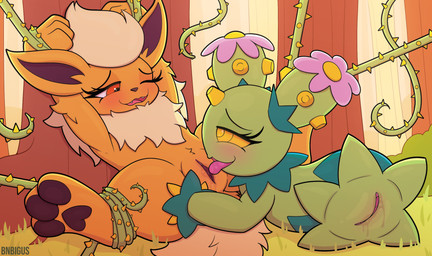 anthro bdsm cunnilingus duo female female/female feral forest genitals male one_eye_closed oral pawpads paws plant sex tongue tree vaginal vines vulva bnbigus nintendo pokemon eeveelution flareon generation_1_pokemon generation_5_pokemon maractus pokemon_(species) 2026 hi_res