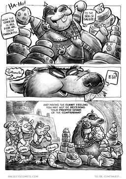 3_toes anthro armor belly big_belly bottomwear cheese clothing dairy_products dialogue feet food group hat headgear headwear helmet male moobs nipples overweight overweight_male shirt shorts sitting text toes topwear jwbalsley boss_rat chester_the_rat stinky_the_rat mammal murid murine rat rodent 2025 comic english_text hi_res monochrome