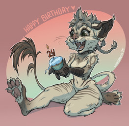 4_fingers anthro arm_markings arm_tuft bat_ears bat_nose birthday birthday_cake birthday_candle cake chin_piercing claws cupcake dessert ear_tuft eye_scar facial_scar female fingers food hair markings navel number pawpads paws scar short_hair shoulder_markings shoulder_tuft sitting sitting_on_leg snout snout_scar solo tail tail_tuft teeth teeth_showing tuft lina_corvus chimera hi_res