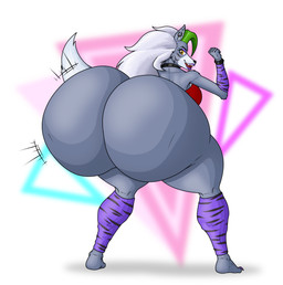 anthro big_breasts big_butt bra bracelet breasts bubble_butt butt butt_expansion butt_focus clothed clothing collar ear_piercing expansion female fluffy fluffy_tail fur green_hair grey_body hair huge_butt hyper hyper_butt inflation jewelry lipstick makeup multicolored_body multicolored_fur partially_clothed piercing purple_clothing red_bra red_clothing red_underwear shaking_butt solo stripes tail thick_thighs twerking underwear white_hair yellow_eyes aregularblueslime five_nights_at_freddy's five_nights_at_freddy's:_security_breach scottgames steel_wool_studios roxanne_wolf canid canine canis mammal wolf 2024 digital_media_(artwork) hi_res
