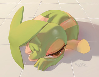 brown_eyes covering covering_self detailed_background eyelashes female feral floor half-closed_eyes narrowed_eyes red_eyes semi-anthro shy solo tile tile_floor azre nintendo pokemon generation_5_pokemon pokemon_(species) snivy hi_res