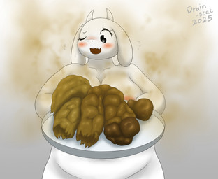 anthro areola big_breasts blush breasts embarrassed feces feces_on_plate feces_pile female fur holding_object holding_plate navel nude one_eye_closed plate presenting simple_background smell smelly solo standing white_background white_body white_fur drain_scat undertale_(series) toriel mammal 2025 hi_res