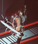 anthro asian_clothing asian_conical_hat clothing female hat headgear headwear lightening lightsaber mask melee_weapon noh_mask oni_mask red_lightsaber sith sith_inquisitor solo weapon nigazi may_the_4th star_wars star_wars_visions lop_(star_wars_visions) lagomorph lepi leporid mammal absurd_res hi_res