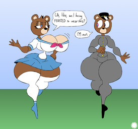 4_fingers anthro asian_clothing big_breasts bottomwear breast_jiggle breasts brown_body brown_fur clothing countershade_breasts countershading crossgender curvy_figure dialogue duo ear_piercing ear_ring east_asian_clothing eyelashes facial_markings female fingers footwear fur gakuran glistening_eyelids half-closed_eyes hat head_markings head_tuft headgear headwear heterochromia japanese_clothing japanese_school_uniform jiggling knee_highs knee_socks legwear logo male markings motion_lines muzzle_(marking) narrowed_eyes piercing ring_piercing school_uniform serafuku skirt small_waist socks speech_bubble spherical_breasts text thick_thighs tuft uniform walking wasp_waist wide_hips thatdawgmurray kanye_west dropout_bear bear mammal 2025 aliasing artist_logo artist_name digital_media_(artwork) english_text hi_res signature