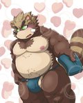 anthro areola asian_clothing balls belly blush brown_body brown_fur bulge clothing east_asian_clothing fundoshi fur genitals green_eyes heart_symbol japanese_clothing kemono male moobs nipples overweight overweight_anthro overweight_male solo underwear rockmai3 canid canine mammal raccoon_dog tanuki 2021 hi_res