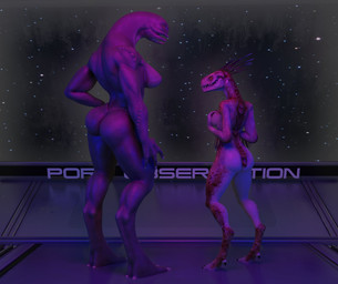 anthro arm_quills breasts butt cosmic_background digitigrade duo female hand_on_breast mandibles non-mammal_breasts nude quill_hair short_tail side_boob size_difference smaller_anthro space space_background spurs_(anatomy) standing star starry_background tail text kit5un3 chocoscorner_(modeler) pickle_juice_(modeler) halo_(series) microsoft xbox_game_studios alien ibie'shan kig-yar sangheili scalie 3d_(artwork) colored digital_media_(artwork) english_text hi_res