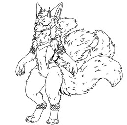 4_tails anthro bell blind calm clothing crotch_tuft disability male mask multi_tail pawpads paws pointy_ears prick_ears rope several_tails sleeveless_shirt solo tail topwear tuft vest aziel14041985 ri_hu_(aziel14041985) canid canine fox mammal black_and_white monochrome sketch