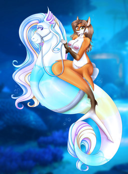 anthro duo female feral fin genitals hair long_hair looking_at_viewer male male/female nipples nude purple_eyes smile smiling_at_viewer split_form vulva yellow_eyes mailner julia_(werefox) aquatic canid canine equid equine fox horse mammal merfolk absurd_res hi_res
