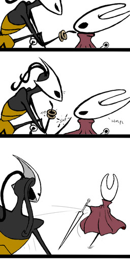 2_horns 4_panel_comic antennae_(anatomy) anthro biped black_eyes black_text blush blush_lines cloak clothing dialogue duo female holding_melee_weapon holding_object holding_weapon horn humor looking_at_another mask melee_weapon motion_lines simple_background sound_effects speech_bubble sword talking_to_another text weapon white_background coolandgood hollow_knight:_silksong hollow_knight_(franchise) team_cherry hornet_(hollow_knight) shakra_(hollow_knight:_silksong) arthropod 1:3 comic english_text hi_res