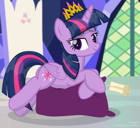 crown crystal cutie_mark feathered_wings feathers female feral hair headgear horn inside looking_at_viewer multicolored_hair pillow purple_body purple_feathers scroll smile solo unicorn_horn wings shutterflyeqd friendship_is_magic hasbro my_little_pony mythology twilight_sparkle_(mlp) equid equine mammal mythological_creature mythological_equine winged_unicorn 2017 absurd_res hi_res
