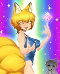 5_fingers beckoning blonde_hair blush breasts clothed clothing duo female fingers fur gesture hair inner_ear_fluff looking_at_viewer multi_tail nipple_outline one-piece_swimsuit one_eye_closed open_mouth solo_focus swimwear tail tuft wink yellow_body yellow_eyes yellow_fur space_zin touhou ran_yakumo yukari_yakumo animal_humanoid canid canid_humanoid canine canine_humanoid fox fox_humanoid humanoid mammal mammal_humanoid 2013 hi_res