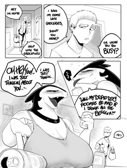anthro big_breasts biped blush bodily_fluids bottomwear breasts cleavage clothed clothing dialogue duo eyelashes female freckles huge_breasts male open_mouth pants pupils short smile speech_bubble sweat text thick_thighs three-quarter_view tongue tongue_out shoutingisfun nintendo pokemon generation_2_pokemon generation_8_pokemon hisuian_form hisuian_typhlosion pokemon_(species) regional_form_(pokemon) typhlosion comic english_text hi_res monochrome