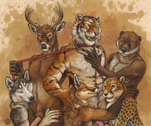 animal_genitalia anthro antlers biceps blue_eyes brown_body brown_fur claws collar dominant dominant_male erection eye_contact finger_claws fur genitals grey_body grey_fur grope group horn interspecies leash leash_pull looking_at_another male male/male muscular nude pec_grab pecs penile_spines penis pose predator/prey role_reversal spots standing stripes submissive submissive_male whiskers white_body white_fur blotch scratches_volume_6 canid canine canis cheetah deer domestic_dog felid feline fox husky mammal mustelid nordic_sled_dog otter pantherine red_fox spitz tiger true_fox wolf 2012 traditional_media_(artwork)
