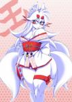 abstract_background aged_up anthro asian_clothing bare_shoulders biped blush breasts cleavage clothed clothing clothing_cord cord_stopper east_asian_clothing female fluffy fluffy_tail front_view fur hair highlights_(coloring) inner_ear_fluff japanese_clothing kemono kimono legband long_hair looking_at_viewer monotone_body monotone_fur multi_tail obi obijime panties pupils red_clothing red_highlights red_panties red_underwear slit_pupils small_breasts smile solo standing string_bow tail tassels thighband tied_string tuft underwear white_body white_fur white_hair white_inner_ear white_inner_ear_fluff wide_hips yellow_eyes amakuchi otama_(character) canid canine fox mammal digital_media_(artwork) hi_res portrait three-quarter_portrait