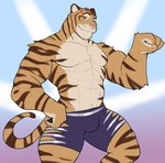 abs anthro biceps bottomwear bulge clothed clothing countershading flexing fur male muscular muscular_male pecs shorts smile solo striped_body striped_fur stripes zootopia_shorts jrjresq disney zootopia tiger_dancer_(zootopia) felid mammal pantherine tiger hi_res