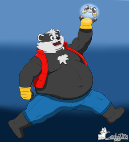 anthro belly big_belly biped black_body black_nose bottomwear clothed clothed_anthro clothed_male clothing humanoid_hands male male_anthro open_mouth overweight overweight_male pants solo white_body carlostxos bradley_the_badger_(game) bradley_(bradley_the_badger) badger mammal mustelid musteline 2025 absurd_res cel_shading dated digital_drawing_(artwork) digital_media_(artwork) hi_res shaded signature