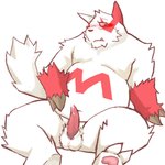 anthro balls belly blush cute_fangs erection fangs fur genitals kemono male markings navel overweight overweight_anthro overweight_male penis red_body red_fur red_markings simple_background sitting solo teeth white_background white_body white_fur v2wolf nintendo pokemon reverse_zangoose_day generation_3_pokemon pokemon_(species) zangoose 1:1 2013