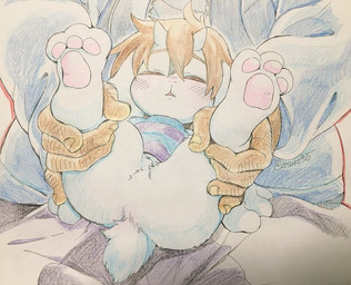 alternate_species ambiguous_gender anthro blush bottomless clothed clothing duo featureless_crotch fur hair horn leg_grab null pawpads size_difference spread_legs spreading white_body white_fur young young_ambiguous young_anthro oosuko925 undertale undertale_(series) frisk_(undertale) sans_(undertale) bovid caprine goat human mammal