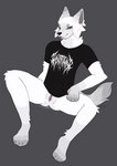 anthro bedroom_eyes black_clothing blep bodily_fluids clothing ear_piercing eyebrow_piercing facial_piercing female fur genital_fluids genitals grey_body grey_fur hand_on_leg hand_on_thigh looking_at_viewer narrowed_eyes paws piercing presenting presenting_pussy pussy seductive shirt solo spread_legs spread_pussy spreading striped_body striped_fur stripes t-shirt tail tongue tongue_out tongue_piercing topwear vaginal_fluids white_body white_fur slvtshep zero_(slvtshep) domestic_cat felid feline felis mammal absurd_res hi_res