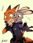 action_pose anthro buckteeth claws clothed clothing dipstick_ears duo ear_markings female fur gloves_(marking) green_eyes jumping male markings multicolored_ears open_mouth open_smile pawpads police police_uniform pose purple_eyes simple_background size_difference smile teeth uniform wide_eyed ydk1226 disney zootopia judy_hopps nick_wilde canid canine fox lagomorph leporid mammal rabbit red_fox true_fox 2017 comic