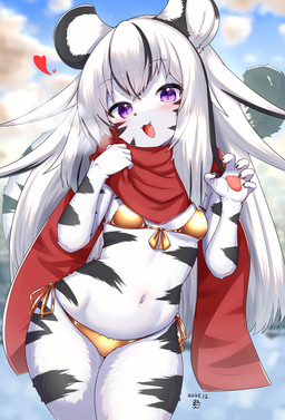 5_fingers anthro black_nails black_striped_fur black_stripes black_tail_tip colored_nails cute_fangs dipstick_tail fangs female female_anthro fingers fur gold_underwear hair heart_symbol inner_ear_fluff kemono long_hair markings nails navel open_mouth outside pawpads purple_eyes red_scarf scarf snow solo striped_body striped_markings striped_tail stripes tail tail_markings teeth tuft white_body white_ears white_fur white_hair white_tail winter young young_anthro young_female horokusa0519 golden_week felid mammal pantherine tiger 2025 hi_res