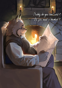 anthro biped bottomwear clothing collared_shirt dialogue dress_shirt eyebrows eyewear fingers fire fireplace fur glasses grey_body grey_fur male mouth_closed newspaper offscreen_character pants question_mark shirt sitting solo text topwear vest whiskers 9x8bit disney zootopia milton_lynxley canada_lynx felid feline lynx mammal absurd_res english_text hi_res