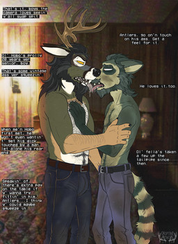 age_difference anthro beard bodily_fluids body_hair chest_hair clothing dialogue dirty drooling duo elderly facial_hair fur hair homeless making_out male male/male mature_anthro mature_male nipples older_male pecs photo_background rough_trade saliva soliciting text younger_male droptineart antlers_(droptineart) hobo_(droptineart) canid canine canis deer hybrid mammal procyonid raccoon wolf english_text hi_res photography_(artwork)