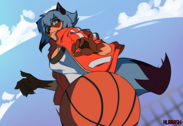 anthro basketball cloud female sky smile solo sport blackrabbitshone brand_new_animal studio_trigger michiru_kagemori canid canine mammal raccoon_dog tanuki hi_res