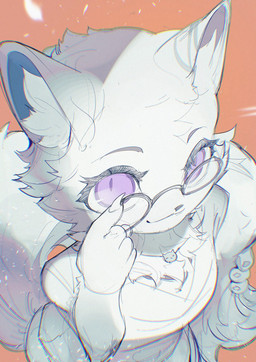 5_fingers anthro claws closed_smile clothed clothed_anthro clothed_female clothing collar eyebrows eyewear female finger_claws fingerpads fingers fluffy fluffy_tail fur glasses grey_eyebrows high-angle_view holding_eyewear holding_glasses holding_object holding_own_tail holding_tail inner_ear_fluff looking_at_viewer mouth_closed orange_background pawpads pince-nez pupils purple_eyes purple_pupils ringed_iris round_glasses simple_background smile smiling_at_viewer solo tail thin_eyebrows topwear tuft wearing_glasses white_body white_clothing white_fur white_inner_ear_fluff white_sclera white_topwear chiayeeee domestic_cat felid feline felis mammal 2024 chromatic_aberration digital_drawing_(artwork) digital_media_(artwork) half-length_portrait hi_res portrait