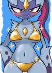 anthro arm_tuft blue_background blush blush_lines breasts chest_gem denbukuro elbow_tuft eyelashes female forehead_gem front_view fur gem generation_8_pokemon gold_swimwear grey_body grey_fur looking_at_viewer medium_breasts navel nintendo pokemon pokemon_(species) purple_body purple_fur red_eyes shoulder_tuft simple_background snaggle_tooth sneasler solo sparkles thick_thighs tuft white_background wide_hips