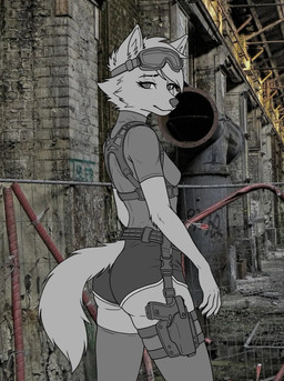 anthro bottomwear breasts bulletproof_vest butt clothed clothing eyewear female fingers fur goggles gun handgun holster holstered_pistol hotpants latex latex_clothing latex_legwear latex_stockings legwear looking_at_viewer pistol ranged_weapon shorts slight_smile smile solo stockings tactical_gear tail topwear weapon white_body white_fur kawasakiwind glock lyubov_karpova canid canine mammal absurd_res digital_drawing_(artwork) digital_media_(artwork) hi_res